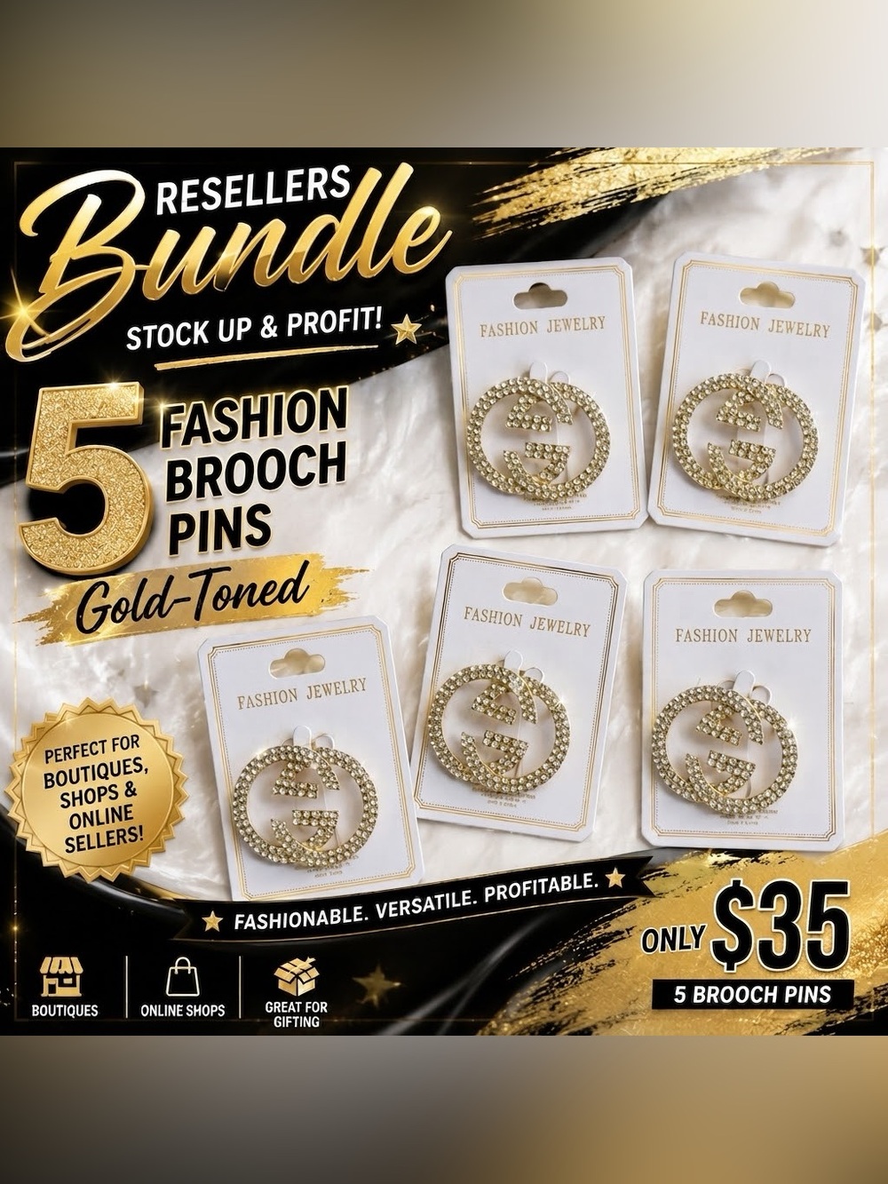 🌟RESELLERS BUNDLE🌟 Gold-Toned Fashion Brooch Pin - Pack of 5